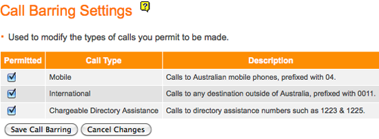 Screenshot: Call Barring Settings