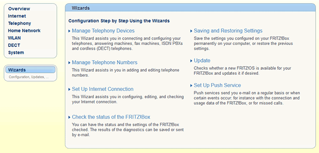 The FRITZ!Box 'Wizards' screen