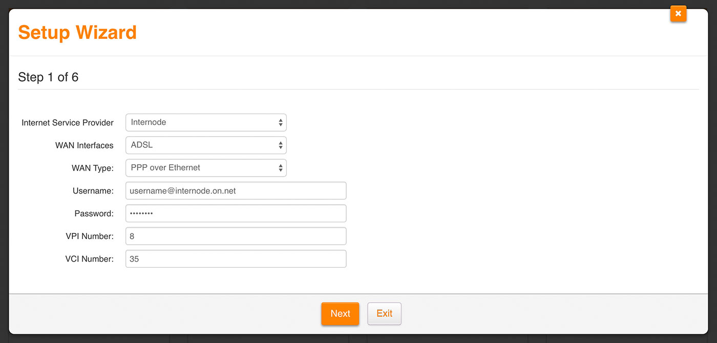 Screenshot: Setting up your ADSL service with the setup wizard