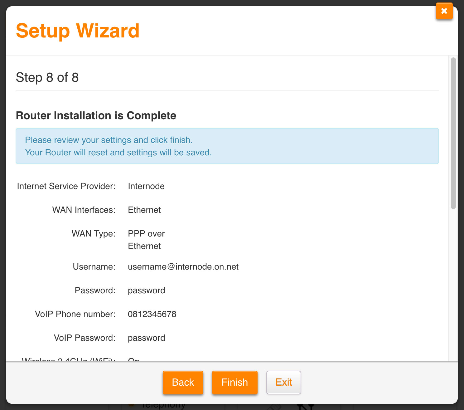 Screenshot: Reviewing settings and finishing the wizard